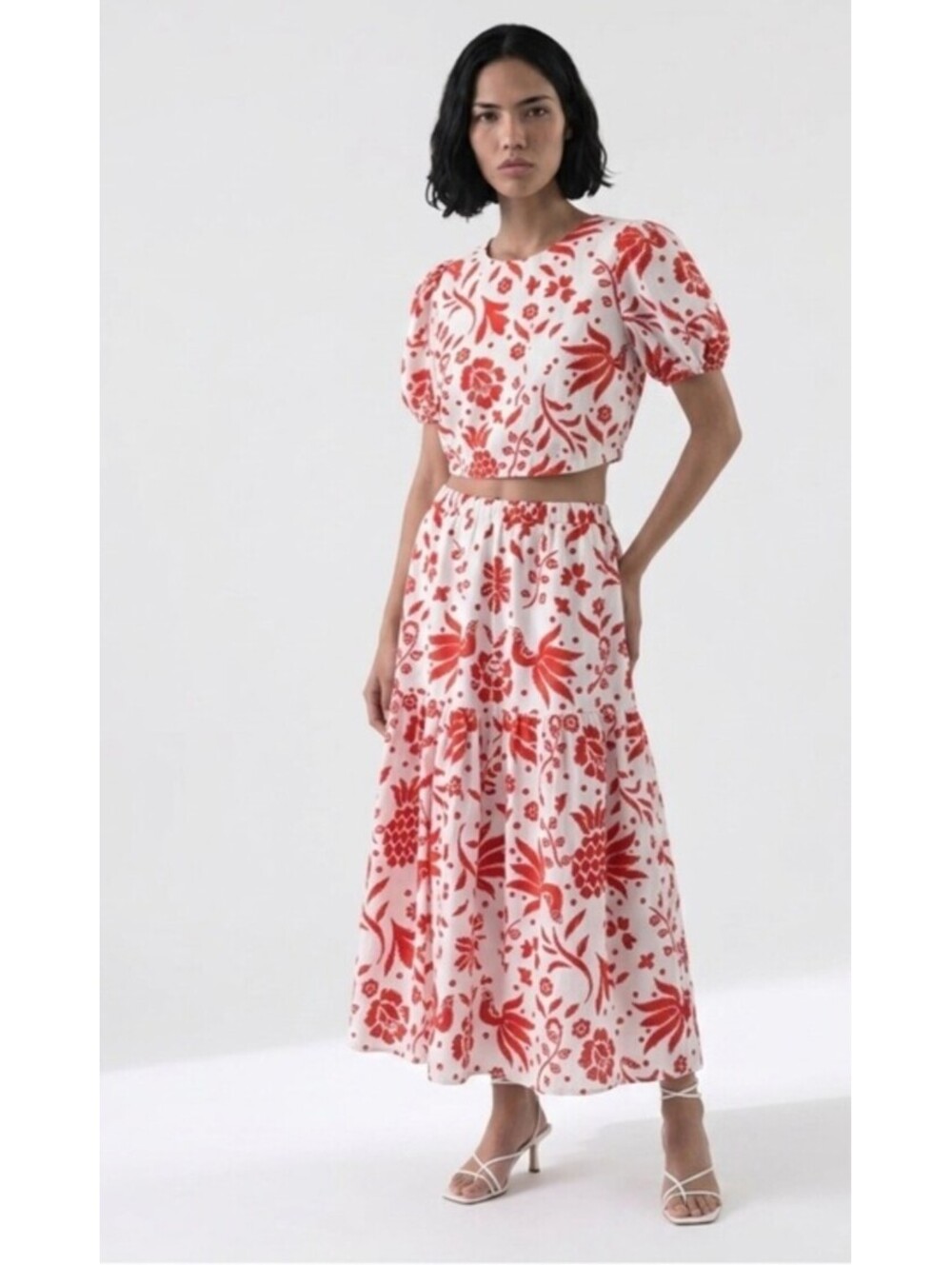 Cupcakes & Cashmere Crop Top and Skirt set Size Med Red and White Linen Summer